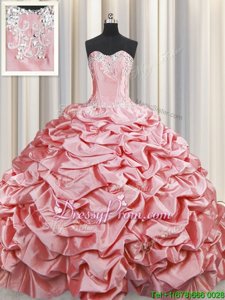 Latest Baby Pink Sleeveless Brush Train Beading and Pick Ups Sweet 16 Dress