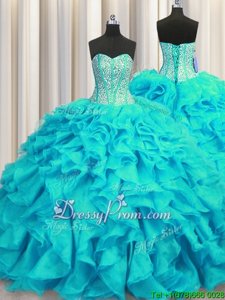 Graceful Sleeveless Brush Train Beading and Ruffles Lace Up Ball Gown Prom Dress
