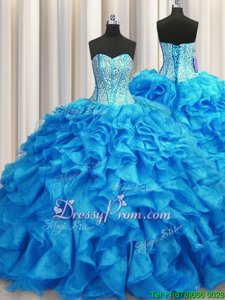 Luxury Baby Blue Sleeveless Organza Brush Train Lace Up 15th Birthday Dress forMilitary Ball and Sweet 16 and Quinceanera