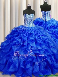 High End Royal Blue Ball Gowns Sweetheart Sleeveless Organza Brush Train Lace Up Beading and Ruffles Sweet 16 Quinceanera Dress
