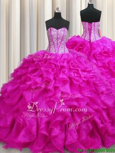 Beautiful Brush Train Ball Gowns Ball Gown Prom Dress Fuchsia Sweetheart Organza Sleeveless Lace Up