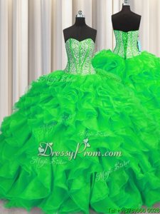 Top Selling Green Organza Lace Up Sweetheart Sleeveless Quinceanera Gowns Brush Train Beading and Ruffles