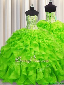 Sweet Spring Green Organza Lace Up Sweetheart Sleeveless Floor Length Ball Gown Prom Dress Beading and Ruffles