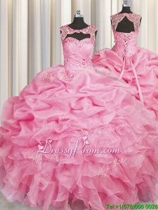 Exquisite Floor Length Ball Gowns Sleeveless Rose Pink 15th Birthday Dress Lace Up