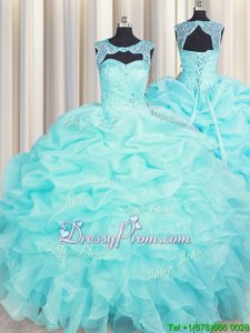 Hot Sale Beading and Pick Ups 15 Quinceanera Dress Aqua Blue Lace Up Sleeveless Floor Length