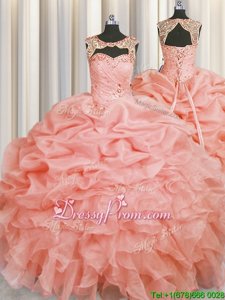 Top Selling Baby Pink Lace Up Scoop Beading and Pick Ups Sweet 16 Dresses Organza Sleeveless