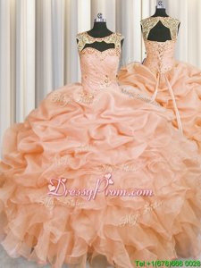 Gorgeous Peach Lace Up Scoop Beading and Pick Ups Quinceanera Gown Organza Sleeveless