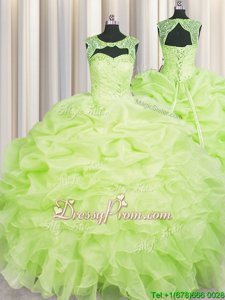 Affordable Sleeveless Floor Length Beading and Pick Ups Lace Up Quinceanera Gown with Yellow Green