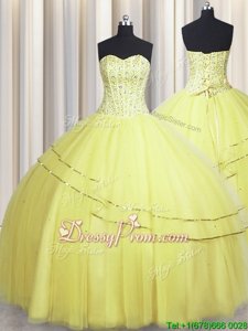Customized Floor Length Lace Up Sweet 16 Dresses Light Yellow and In forMilitary Ball and Sweet 16 and Quinceanera withBeading