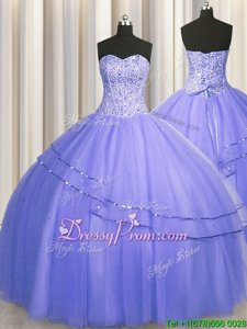 Customized Sleeveless Tulle Floor Length Lace Up Quinceanera Dress inPurple forSpring and Summer and Fall and Winter withBeading