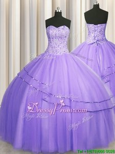 Custom Made Sleeveless Tulle Floor Length Lace Up Quinceanera Dress inLavender forSpring and Summer and Fall and Winter withBeading