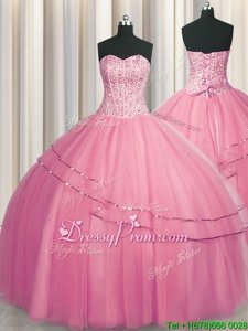 Luxurious Rose Pink Sweetheart Neckline Beading 15 Quinceanera Dress Sleeveless Lace Up