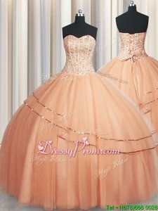 Sophisticated Peach Organza Lace Up Sweetheart Sleeveless Floor Length 15 Quinceanera Dress Beading and Ruching