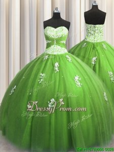 Customized Floor Length Lace Up Quinceanera Dresses Green and In forMilitary Ball and Sweet 16 and Quinceanera withBeading and Appliques