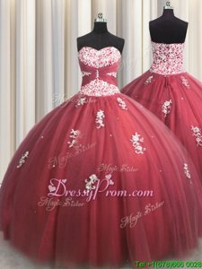 Fashionable Floor Length Lace Up 15 Quinceanera Dress Wine Red and In forMilitary Ball and Sweet 16 and Quinceanera withBeading and Appliques