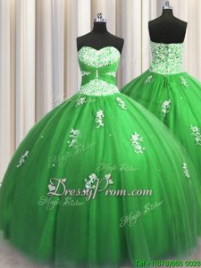 Smart Sweetheart Sleeveless 15th Birthday Dress Floor Length Beading and Appliques Spring Green Tulle