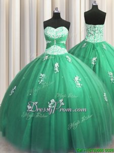 Turquoise Ball Gowns Tulle Sweetheart Sleeveless Beading and Appliques Floor Length Lace Up Vestidos de Quinceanera