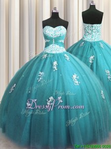 Perfect Aqua Blue Ball Gowns Beading and Appliques Sweet 16 Dresses Lace Up Tulle Sleeveless Floor Length