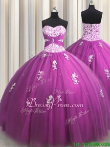 On Sale Fuchsia Tulle Lace Up Vestidos de Quinceanera Sleeveless Floor Length Beading and Appliques