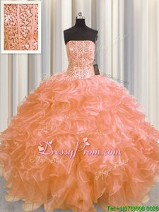 Dazzling Orange Quinceanera Gowns Military Ball and Sweet 16 and Quinceanera and For withBeading and Ruffles Strapless Sleeveless Lace Up
