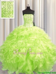Sleeveless Floor Length Beading and Ruffles Lace Up Sweet 16 Dresses with Yellow Green