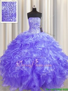 Pretty Lavender Ball Gowns Organza Strapless Sleeveless Beading and Ruffles Floor Length Lace Up Sweet 16 Dresses