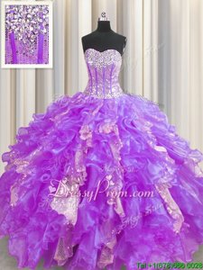 High End Lavender Lace Up Sweetheart Beading and Ruffles 15 Quinceanera Dress Organza and Sequined Sleeveless