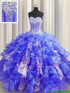 Low Price Floor Length Royal Blue Sweet 16 Quinceanera Dress Organza and Sequined Sleeveless Spring and Summer and Fall and Winter Beading and Ruffles and Sequins