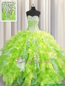Cheap Organza and Sequined Sweetheart Sleeveless Lace Up Beading and Ruffles and Sequins Sweet 16 Dress inYellow Green