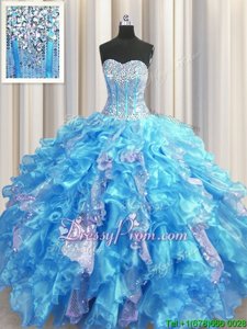 Sophisticated Organza and Sequined Sweetheart Sleeveless Lace Up Beading and Ruffles and Sequins Quince Ball Gowns inBaby Blue