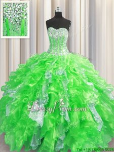 Attractive Sleeveless Organza and Sequined Floor Length Lace Up Ball Gown Prom Dress inSpring Green forSpring and Summer and Fall and Winter withBeading and Ruffles and Sequins