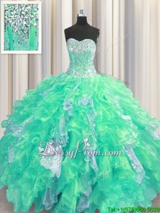 Flare Halter Top Sleeveless Quince Ball Gowns Floor Length Beading and Ruffles and Sequins Turquoise Organza and Sequined