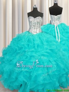 Ideal Beading and Ruffles Quinceanera Dresses Aqua Blue Lace Up Sleeveless Floor Length