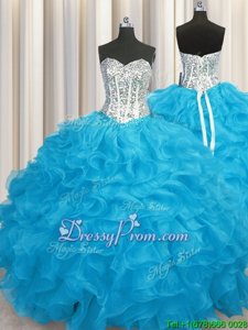 Dynamic Aqua Blue Ball Gowns Sweetheart Long Sleeves Organza Floor Length Lace Up Beading and Ruffles Vestidos de Quinceanera