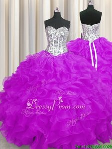 Glamorous Floor Length Purple Sweet 16 Dress Organza Sleeveless Spring and Summer and Fall and Winter Beading and Ruffles