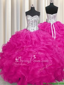 Modest Spring and Summer and Fall and Winter Organza Sleeveless Sweet 16 Quinceanera Dress andBeading and Ruffles