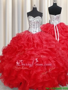 Edgy Red Lace Up Sweet 16 Dresses Beading and Ruffles Sleeveless Floor Length