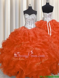Luxury Sweetheart Sleeveless Sweet 16 Dress Floor Length Beading and Ruffles Orange Red Organza