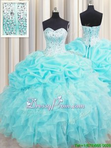 Super Aqua Blue Ball Gowns Beading and Ruffles and Pick Ups Quinceanera Gown Lace Up Organza Sleeveless Floor Length
