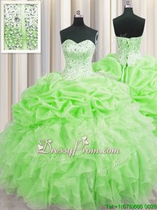 Dynamic Spring Green Ball Gowns Sweetheart Sleeveless Organza Floor Length Lace Up Beading and Ruffles and Pick Ups 15th Birthday Dress