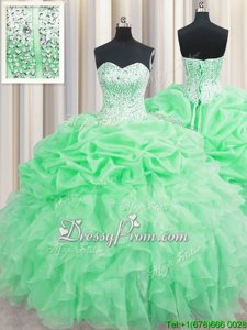 Eye-catching Apple Green Ball Gowns Sweetheart Sleeveless Organza Floor Length Lace Up Beading and Ruffles and Pick Ups 15th Birthday Dress