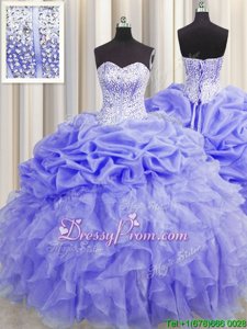 Unique Lavender Lace Up Sweetheart Beading and Ruffles and Pick Ups Sweet 16 Dress Organza Sleeveless