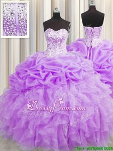 Stunning Sweetheart Sleeveless Organza Ball Gown Prom Dress Beading and Ruffles and Pick Ups Lace Up
