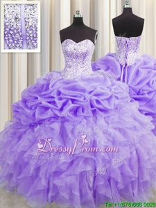 Lavender Sleeveless Floor Length Beading and Ruffles and Pick Ups Lace Up 15 Quinceanera Dress