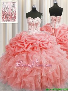 Superior Watermelon Red Lace Up Quinceanera Dresses Ruffles and Pick Ups Sleeveless Floor Length