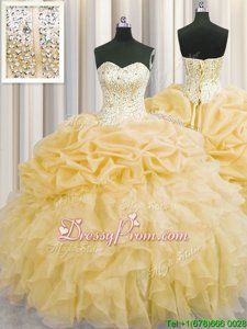 Romantic Sleeveless Organza Floor Length Lace Up Vestidos de Quinceanera inGold forSpring and Summer and Fall and Winter withBeading and Ruffles