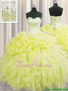 Great Yellow Green Sleeveless Beading and Ruffles Floor Length Quince Ball Gowns