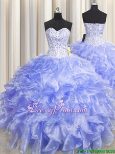 Elegant Lavender Zipper Sweetheart Beading and Ruffles Vestidos de Quinceanera Organza Sleeveless