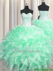 Apple Green Ball Gowns Sweetheart Sleeveless Organza Floor Length Zipper Beading and Ruffles Ball Gown Prom Dress