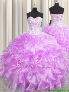 Superior Ball Gowns Vestidos de Quinceanera Lilac Sweetheart Organza Sleeveless Floor Length Zipper